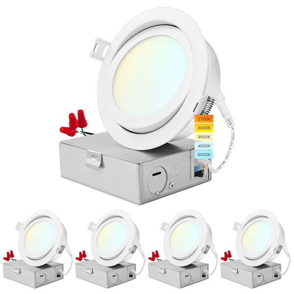 Luxrite 4 Inch Gimbal LED Recessed Downlights 5CCT 2700K-5000K 12W 950LM Dimmable Wet Rated IC Rated, 4PK LR23742-4PK - main